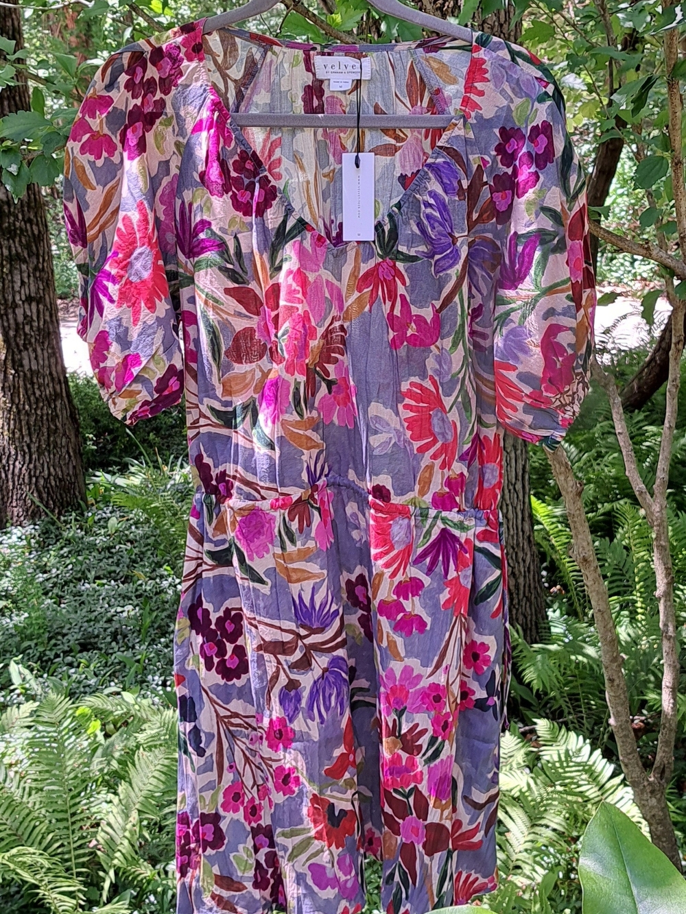 Velvet By Graham & Spencer Hazel Floral Puff-Sleeve Midi Dress in Pink & Purple.